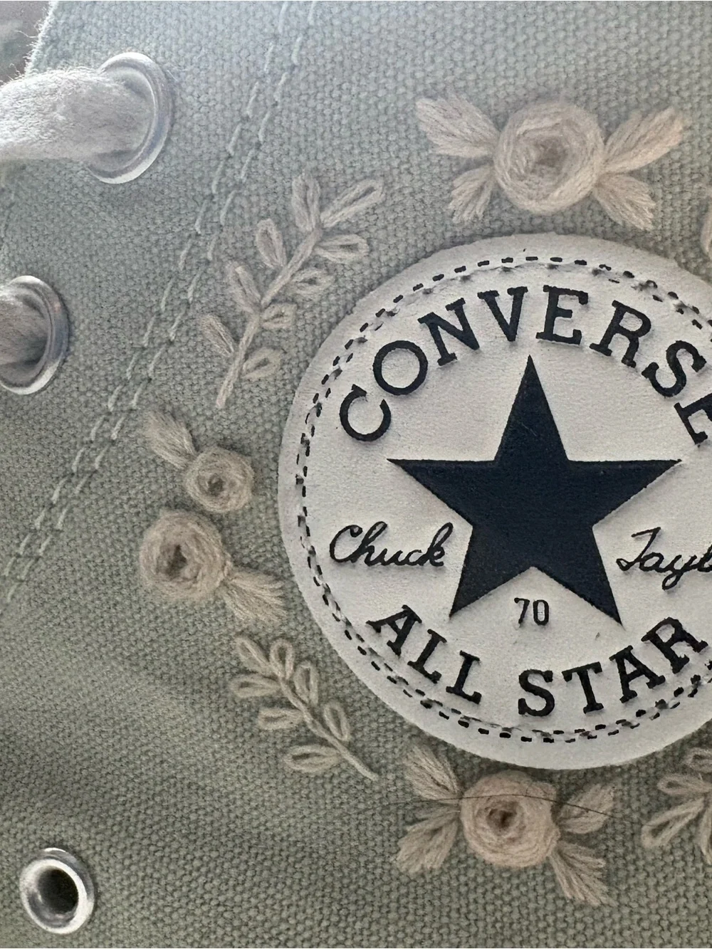 Converse Light Sage High-Top Sneakers with Cream Floral Embroidery